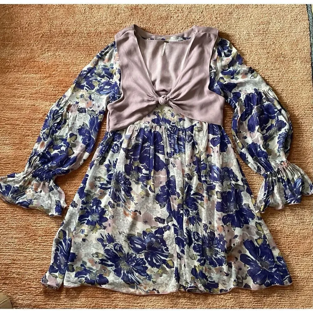 Free People Alice Vested Layered Dress Floral Purple Size SP